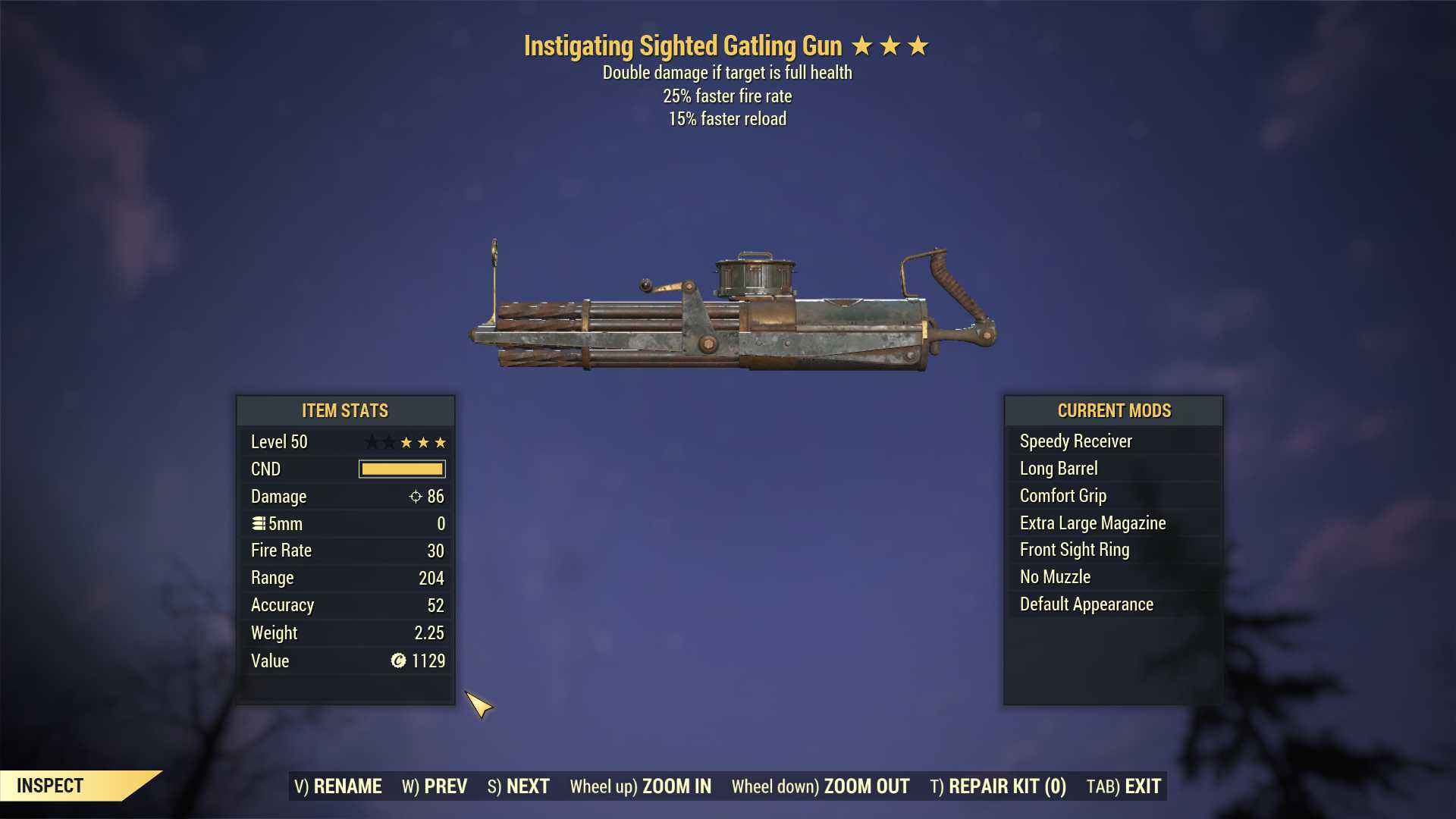 Instigating Gatling Gun (25% faster fire rate, 15% faster reload)