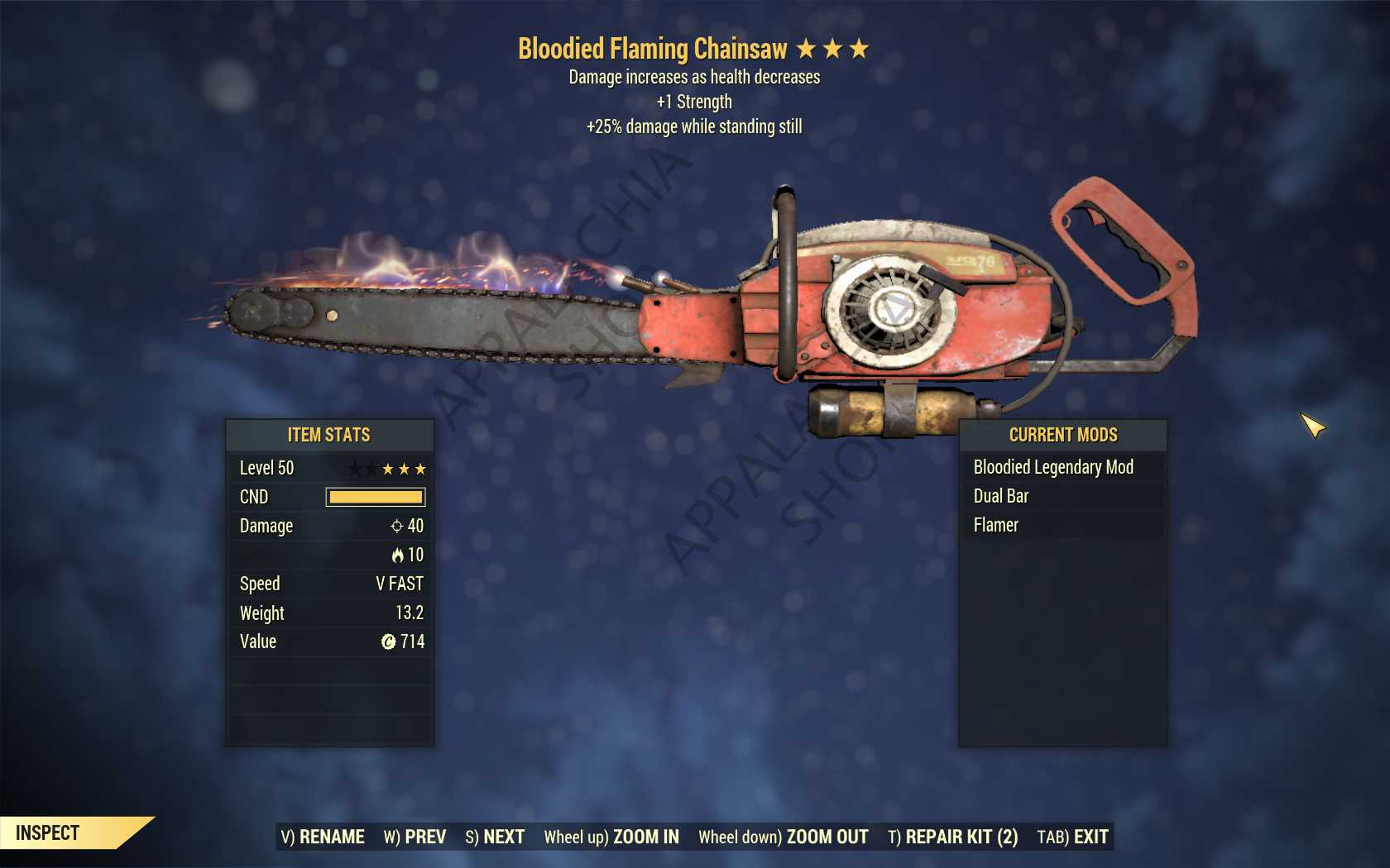 Bloodied Chainsaw (+25% damage while standing still, +1 Strength)