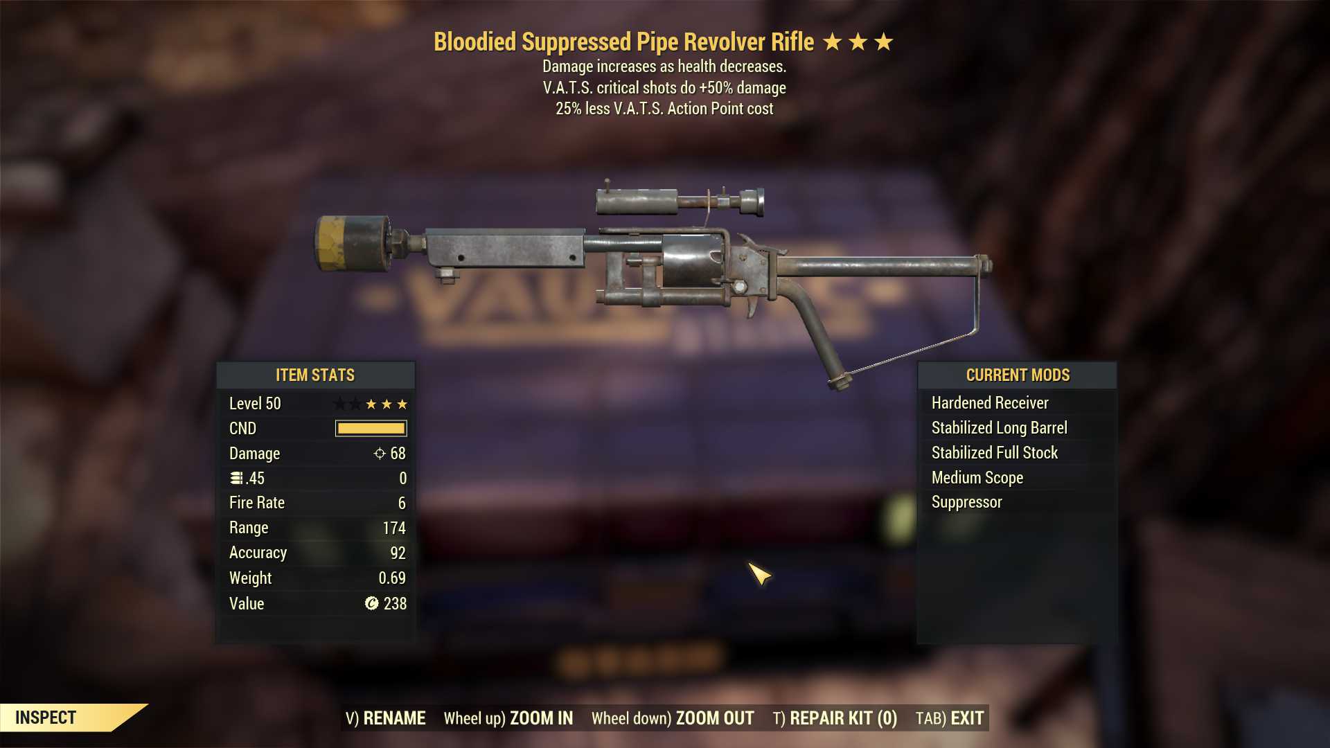 Bloodied Pipe Revolver (+50% critical damage, 25% less VATS AP cost)