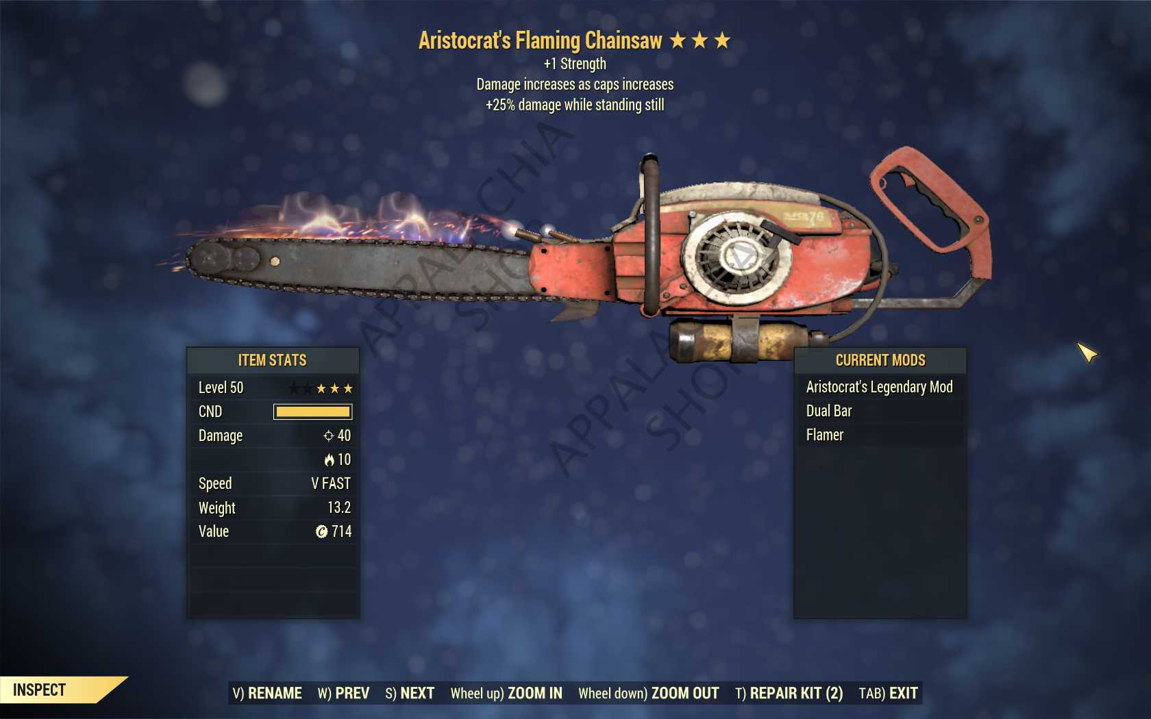 Aristocrat's Chainsaw (+25% damage while standing still, +1 Strength)