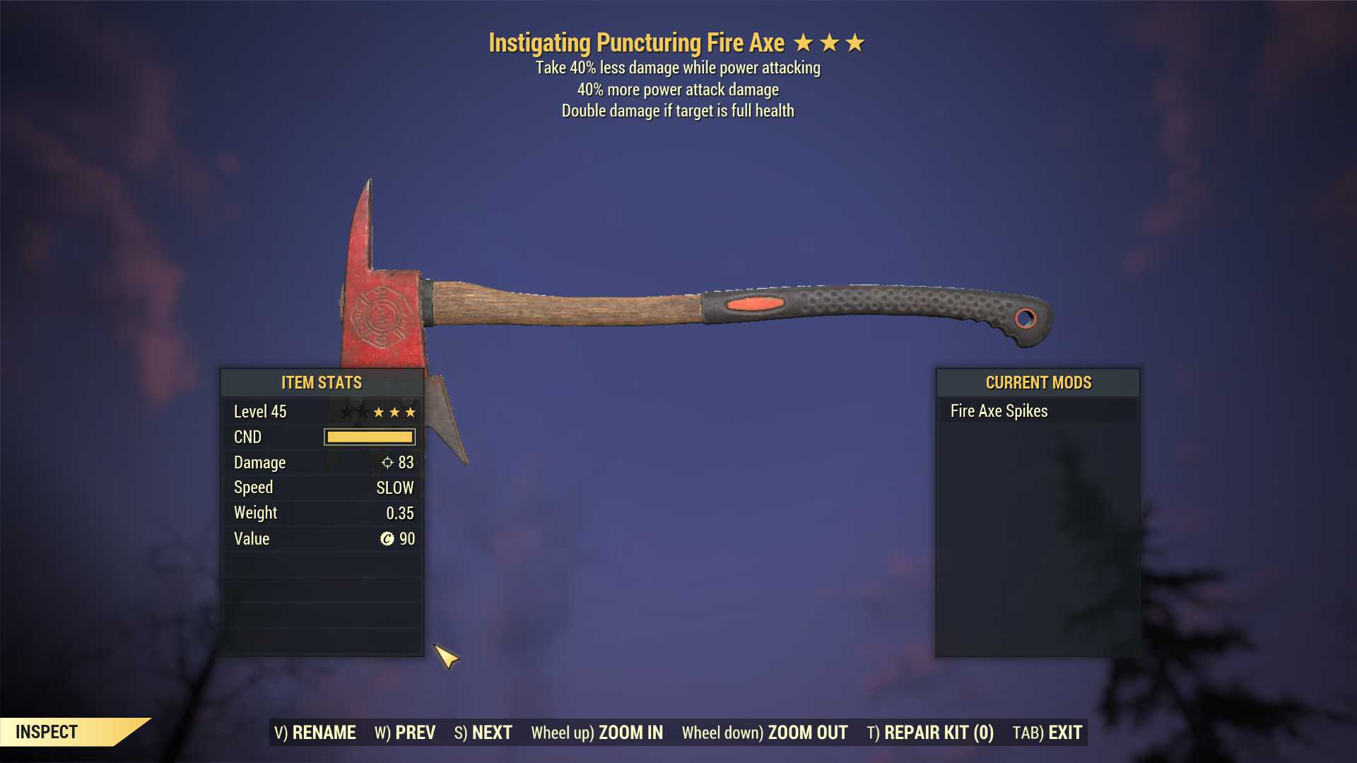 Instigating Fire Axe (+40% damage PA, 40% resist while PA)
