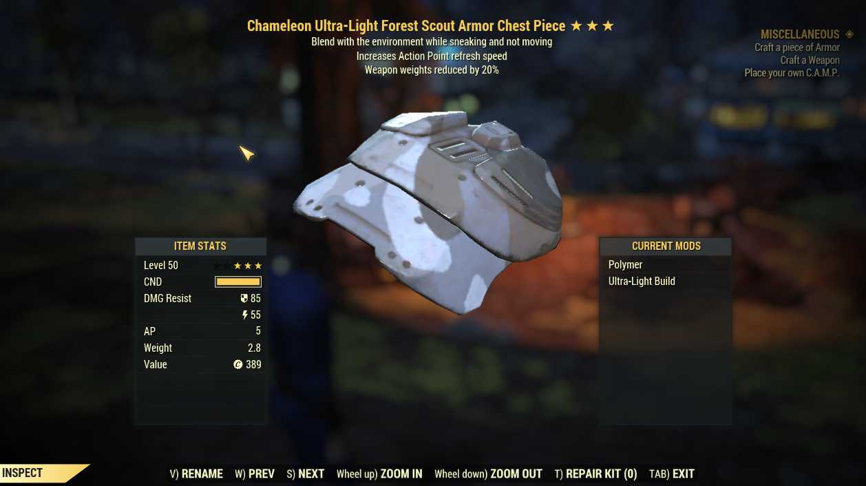 Chameleon Weapon Weight Reduction Forest Scout Armor Set (5/5 FULL AP REFRESH)