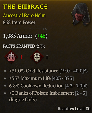 ANCESTRAL ROGUE HELM 868 ITEM POWER LVL 80 +3 POISON IMBUEMENT COOLDOWN REDUCTION MAX LIFE COLD RES