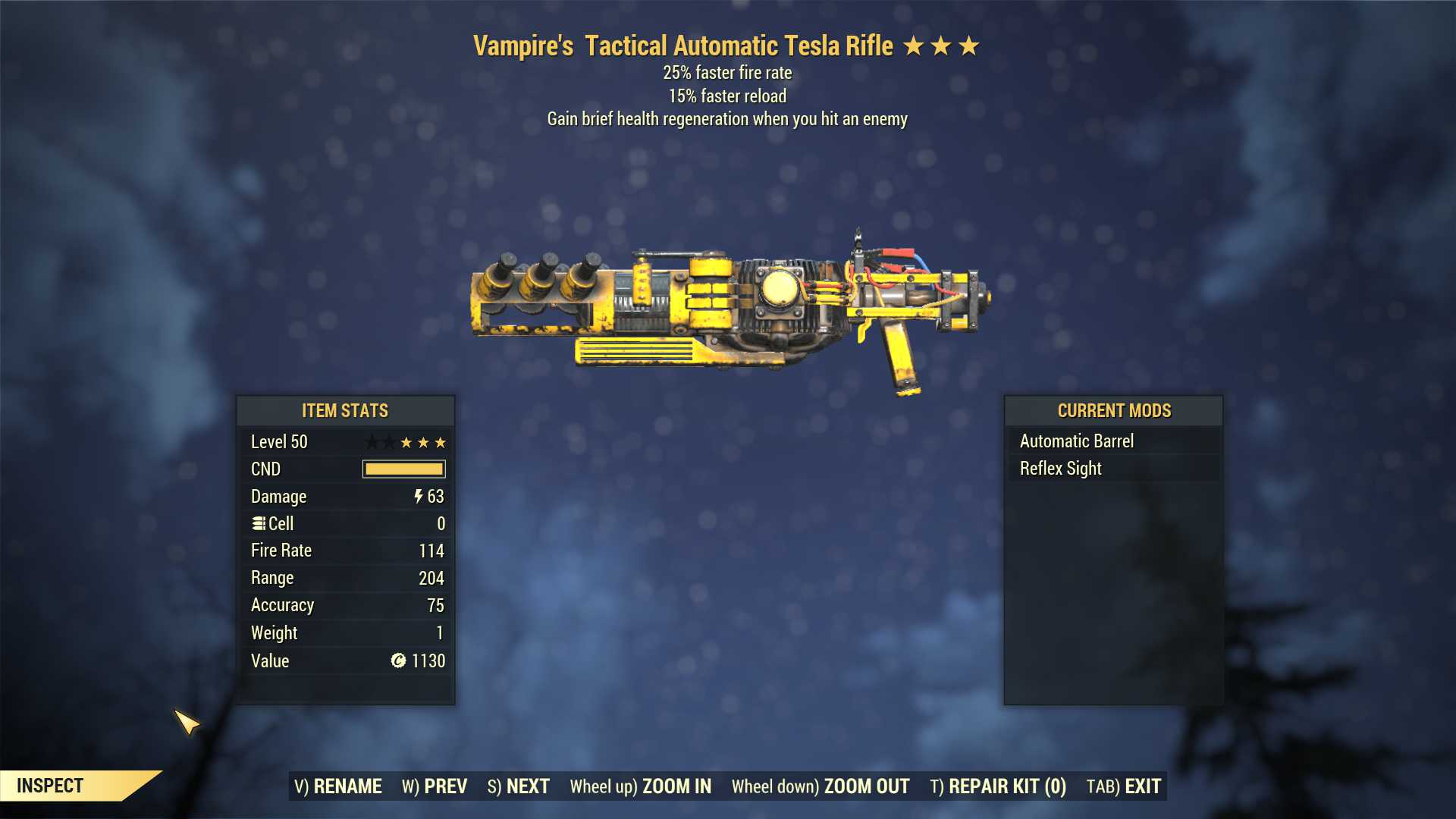 Vampire's Tesla rifle (25% faster fire rate, 15% faster reload)