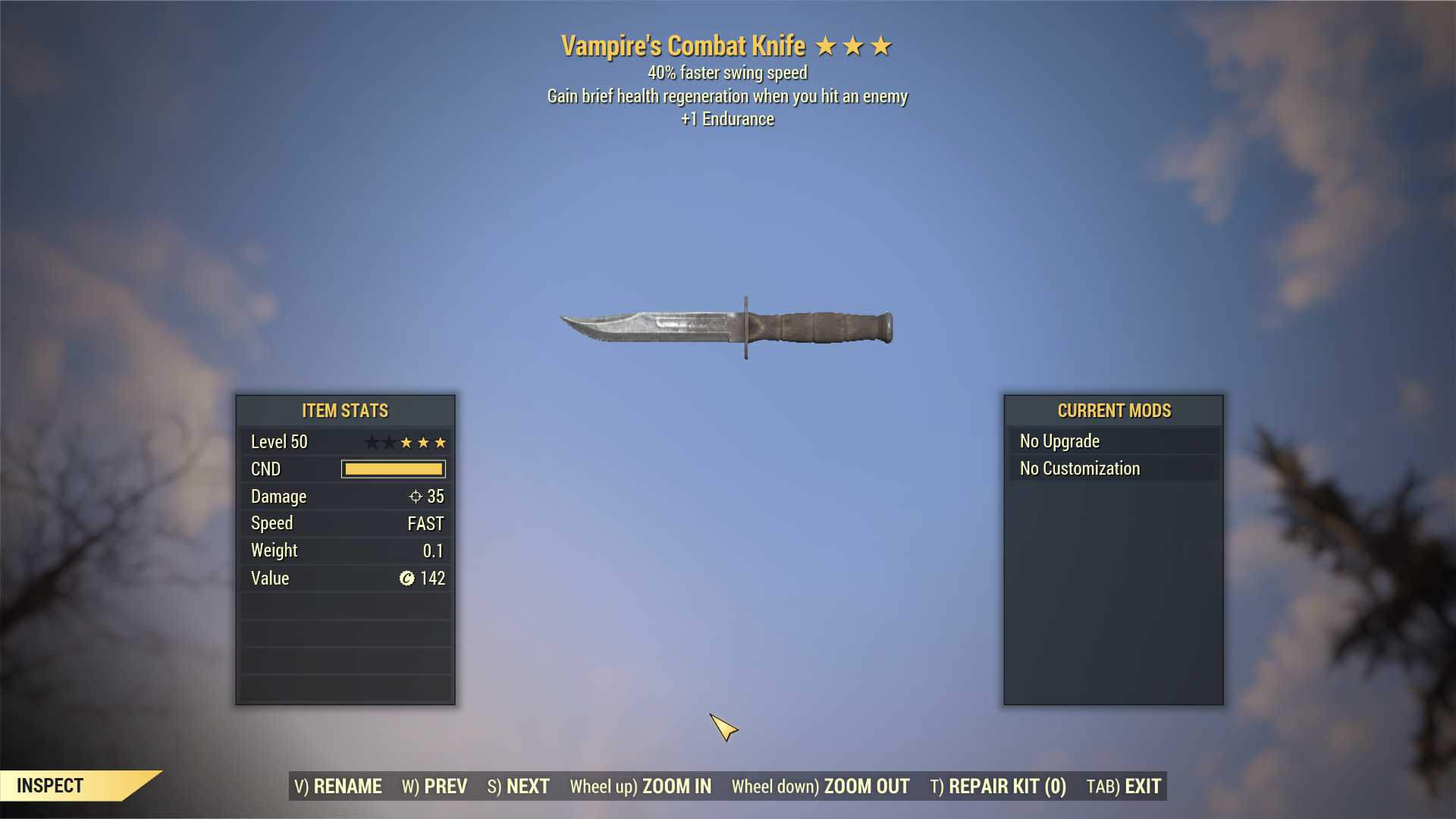Vampire's Combat Knife (40% Faster Swing Speed, +1 Endurance)