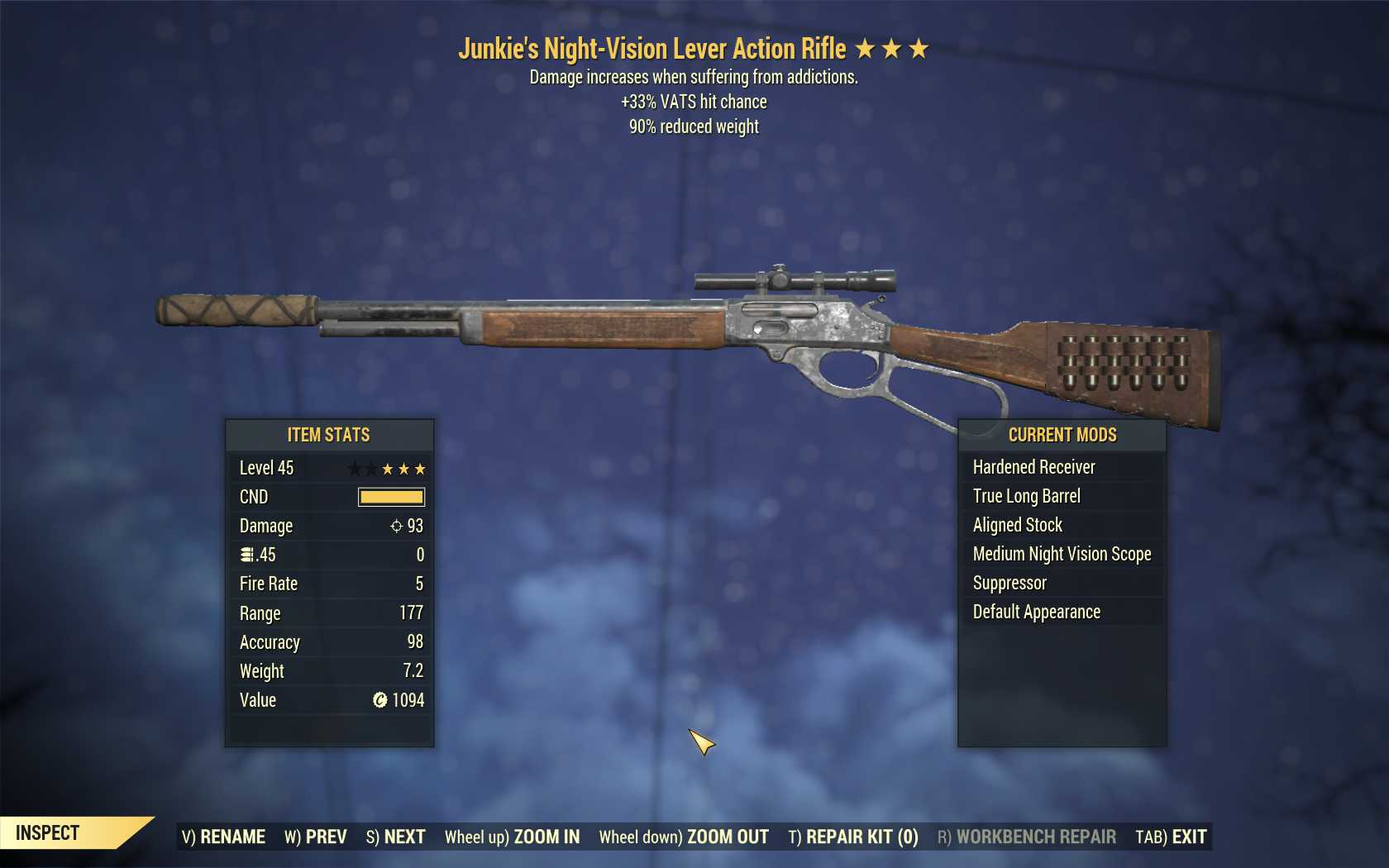 Junkie's Lever Action Rifle (+50% VATS hit chance, 90% reduced weight)