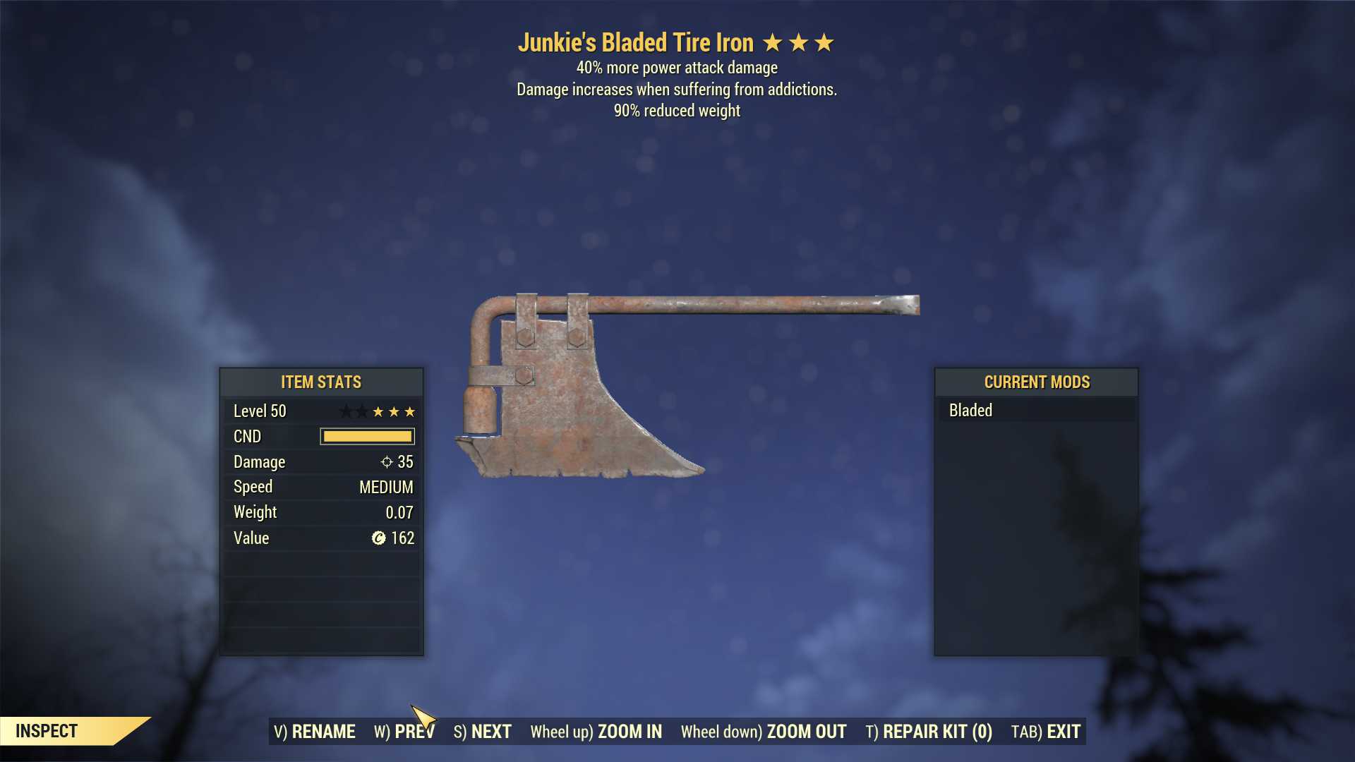Junkie's Tire Iron (+40% damage PA, 90% reduced weight)