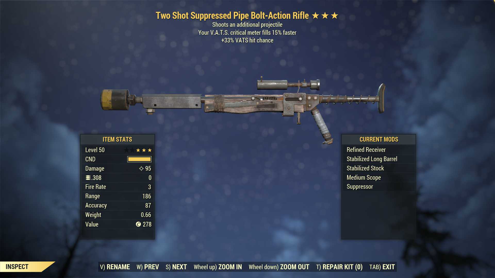Two Shot Pipe Bolt-Action (+50% VATS hit chance, VATS crit fills 15% faster)