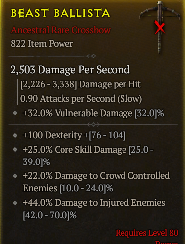 ANCESTRAL CROSSBOW LVL 80 DEXTERITY CORE SKILL DAMAGE CROWD CONTROLLED DAMAGE INJURED DMG