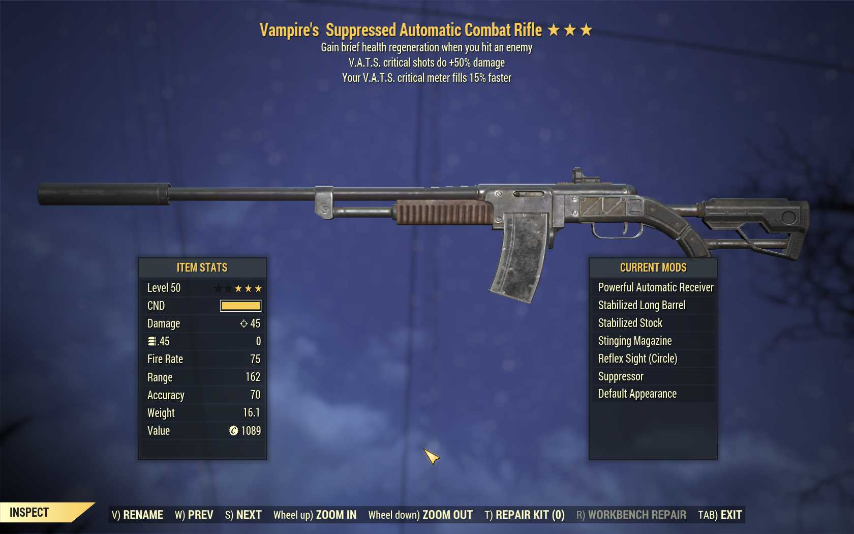 Vampire's Combat Rifle (+50% critical damage, VATS crit fills 15% faster)