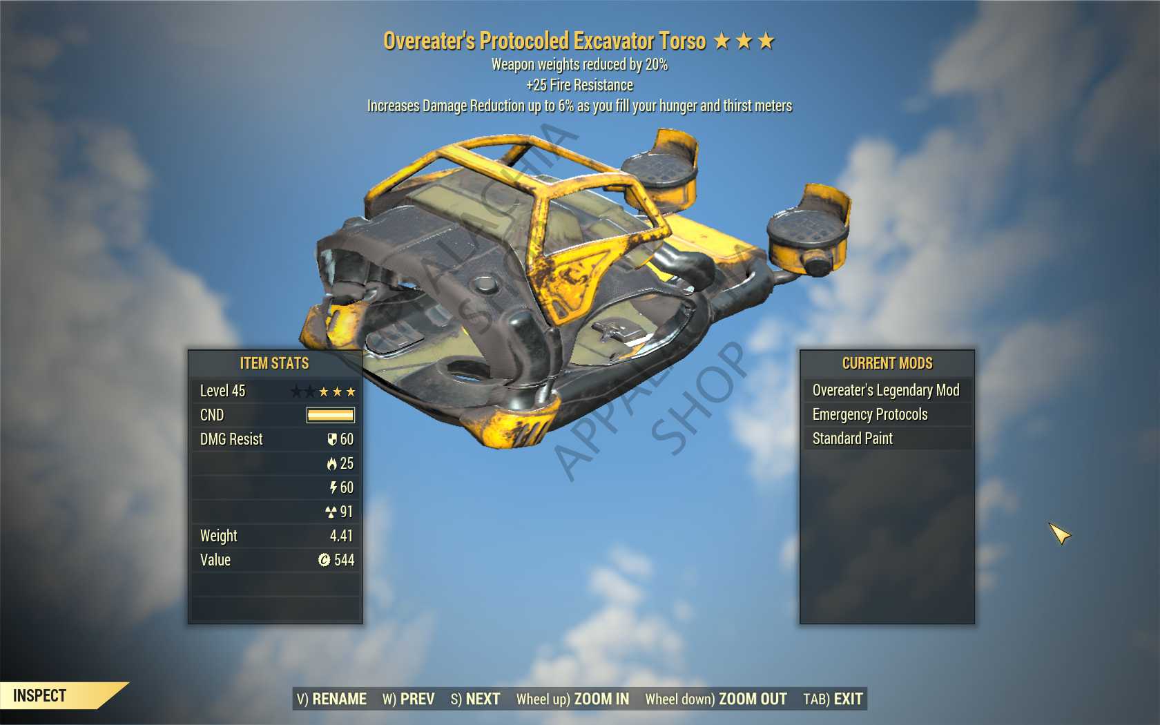 Overeater's Excavator Set (5/5 Weapon weight reduction, 1x AP, +50 poison,+25 fire,-7% explosion dam