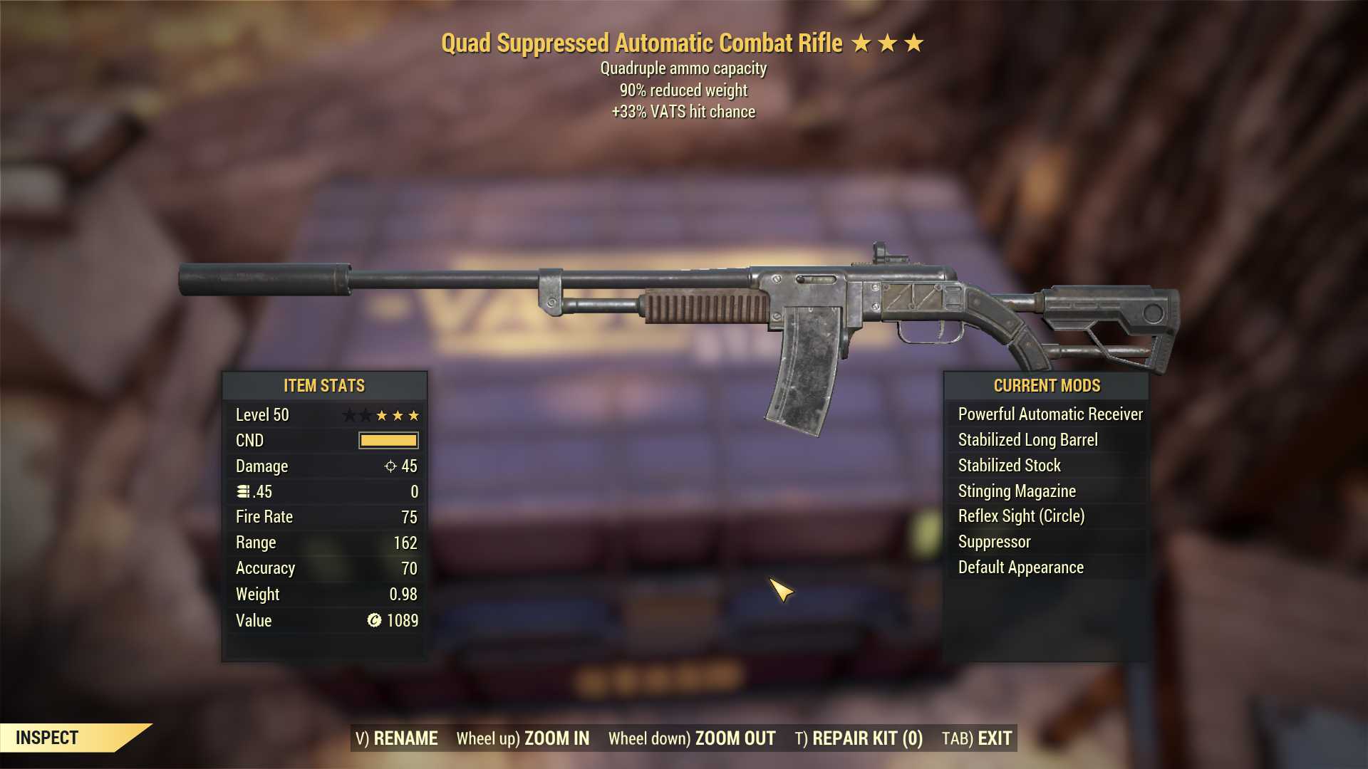 Quad Combat Rifle (+50% VATS hit chance, 90% reduced weight)