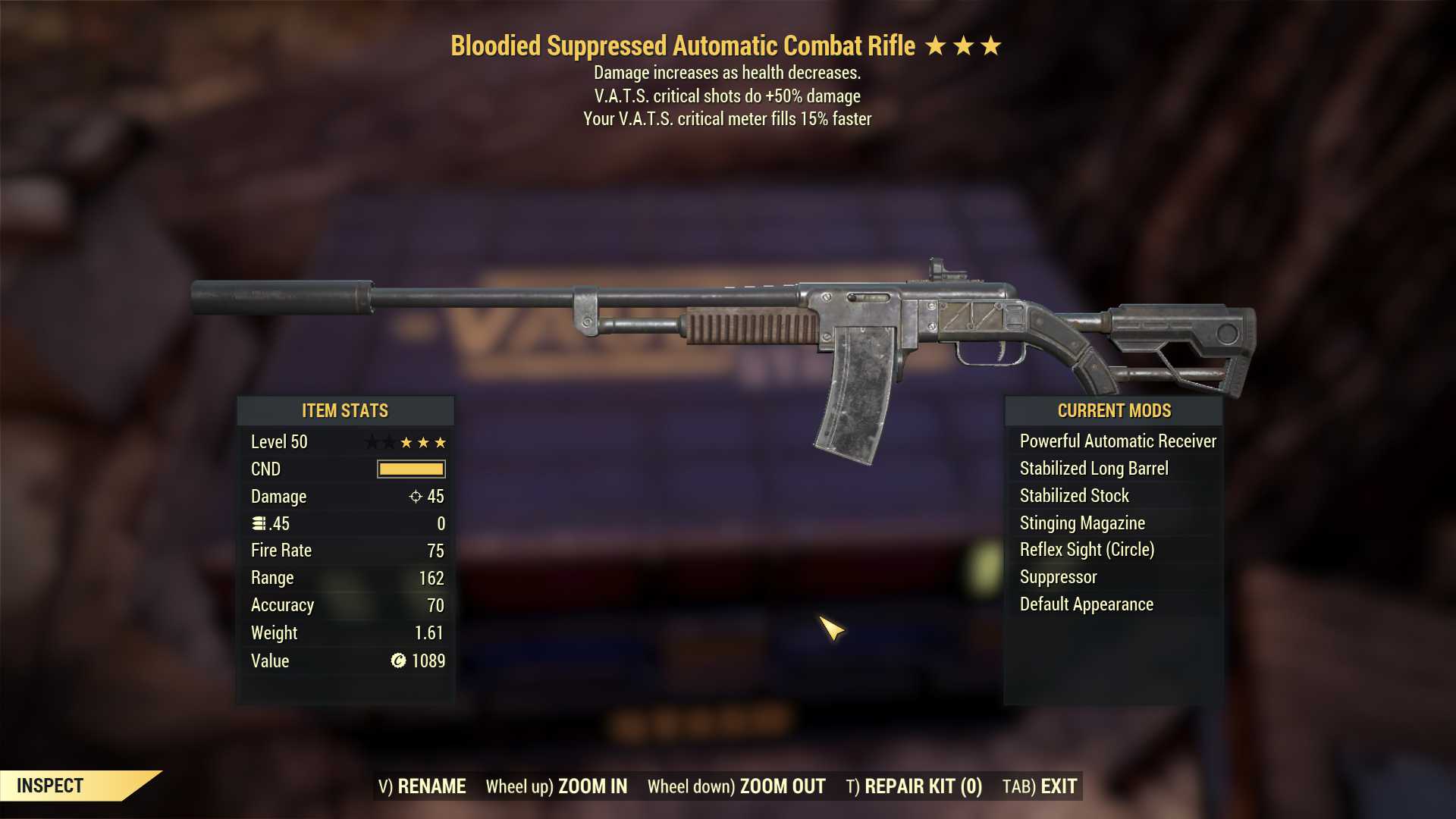 Bloodied Combat Rifle (+50% critical damage, VATS crit fills 15% faster)