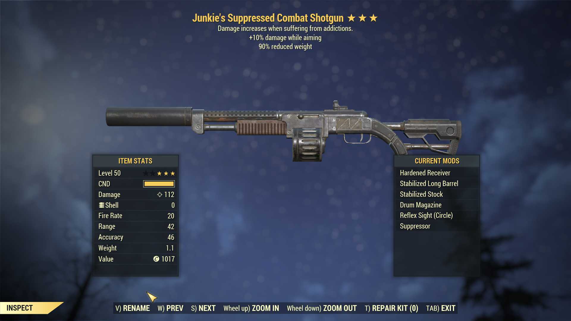 Junkie's Combat Shotgun (+25% damage WA, 90% reduced weight)
