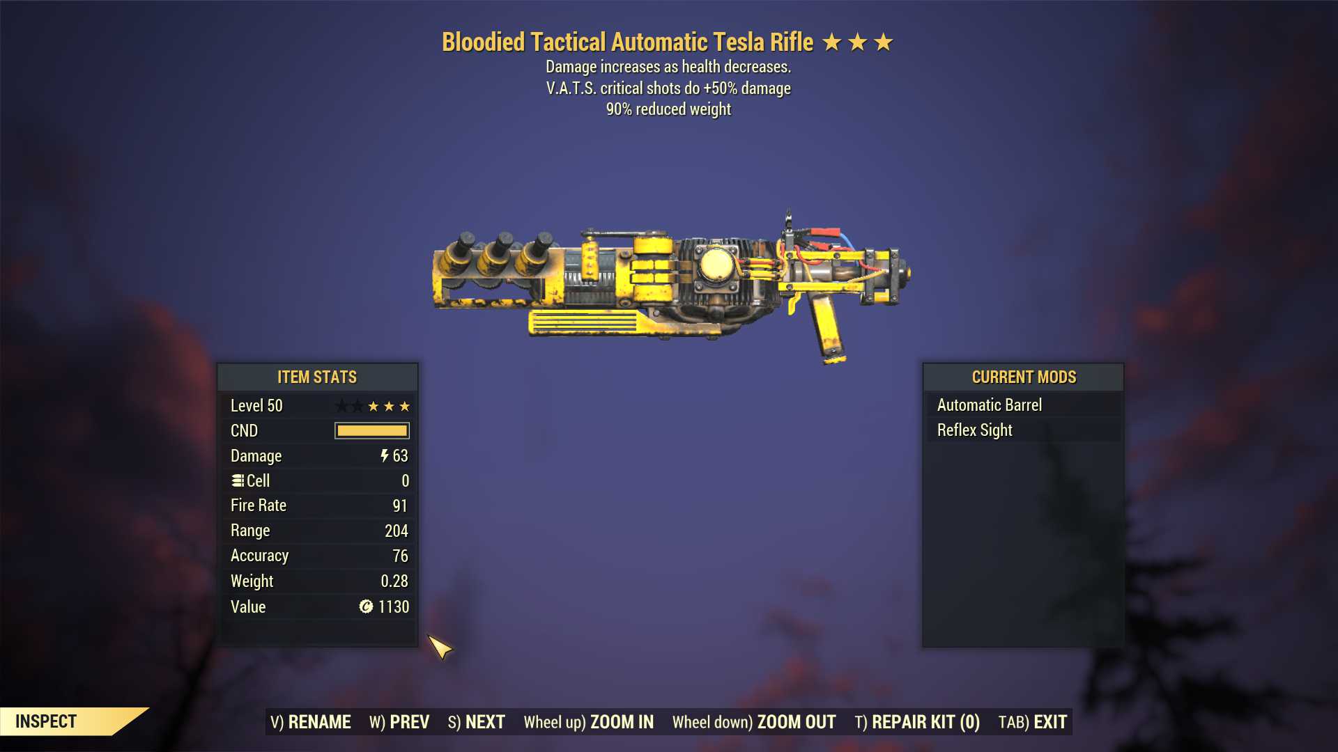 Bloodied Tesla rifle (+50% critical damage, 90% reduced weight)