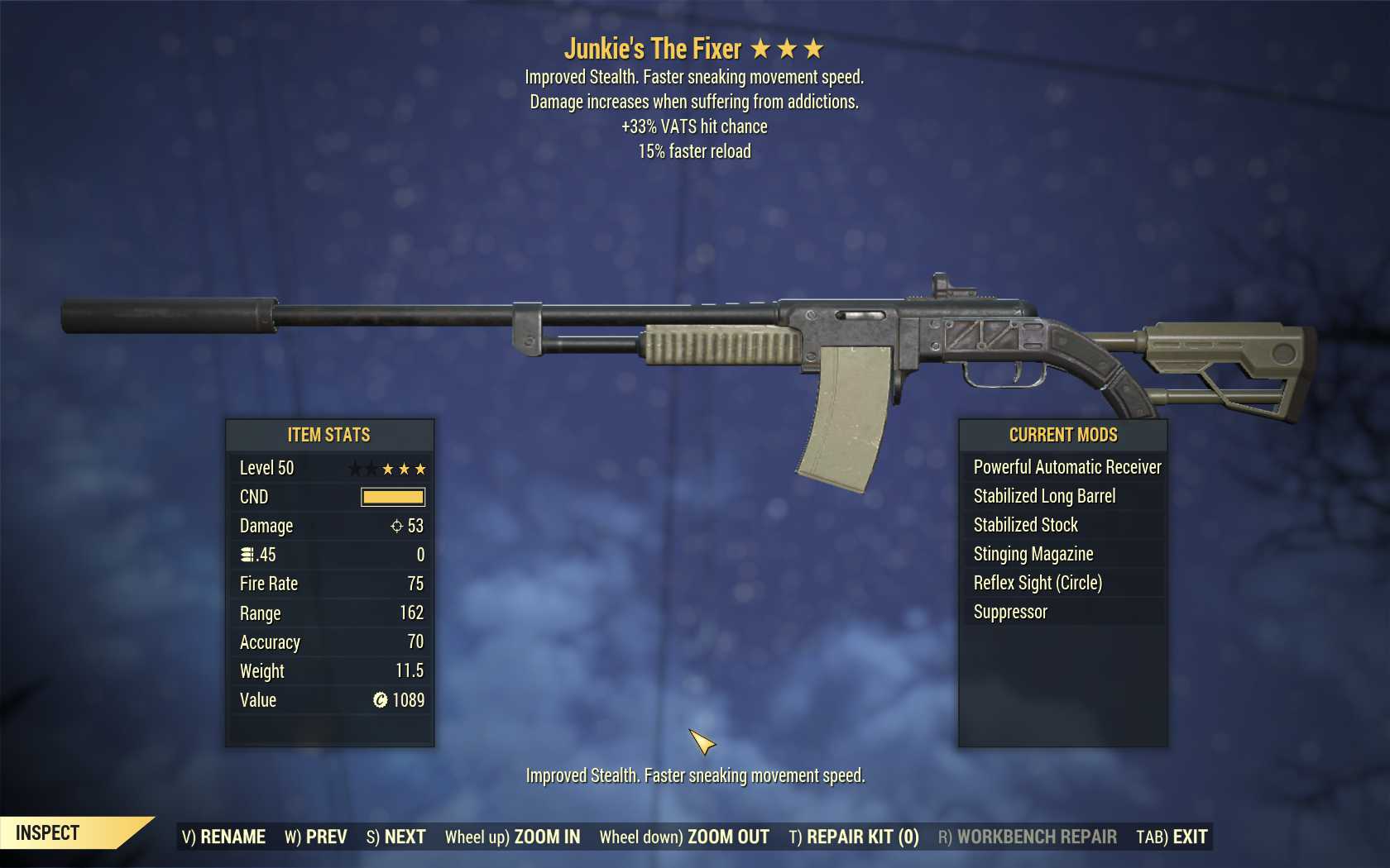Junkie's The Fixer (+50% VATS hit chance, 15% faster reload)