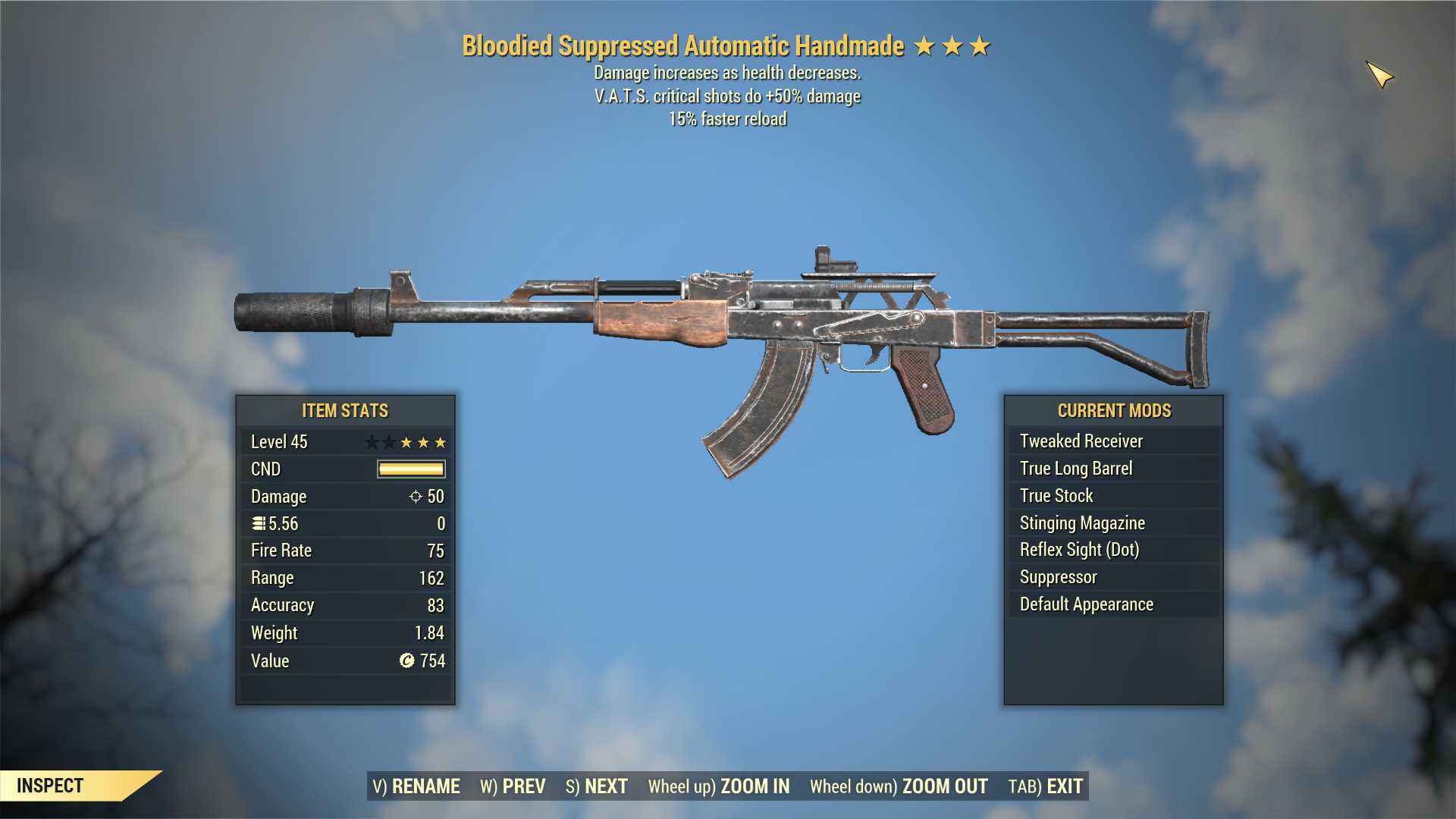 Bloodied Handmade (+50% critical damage, 15% faster reload)