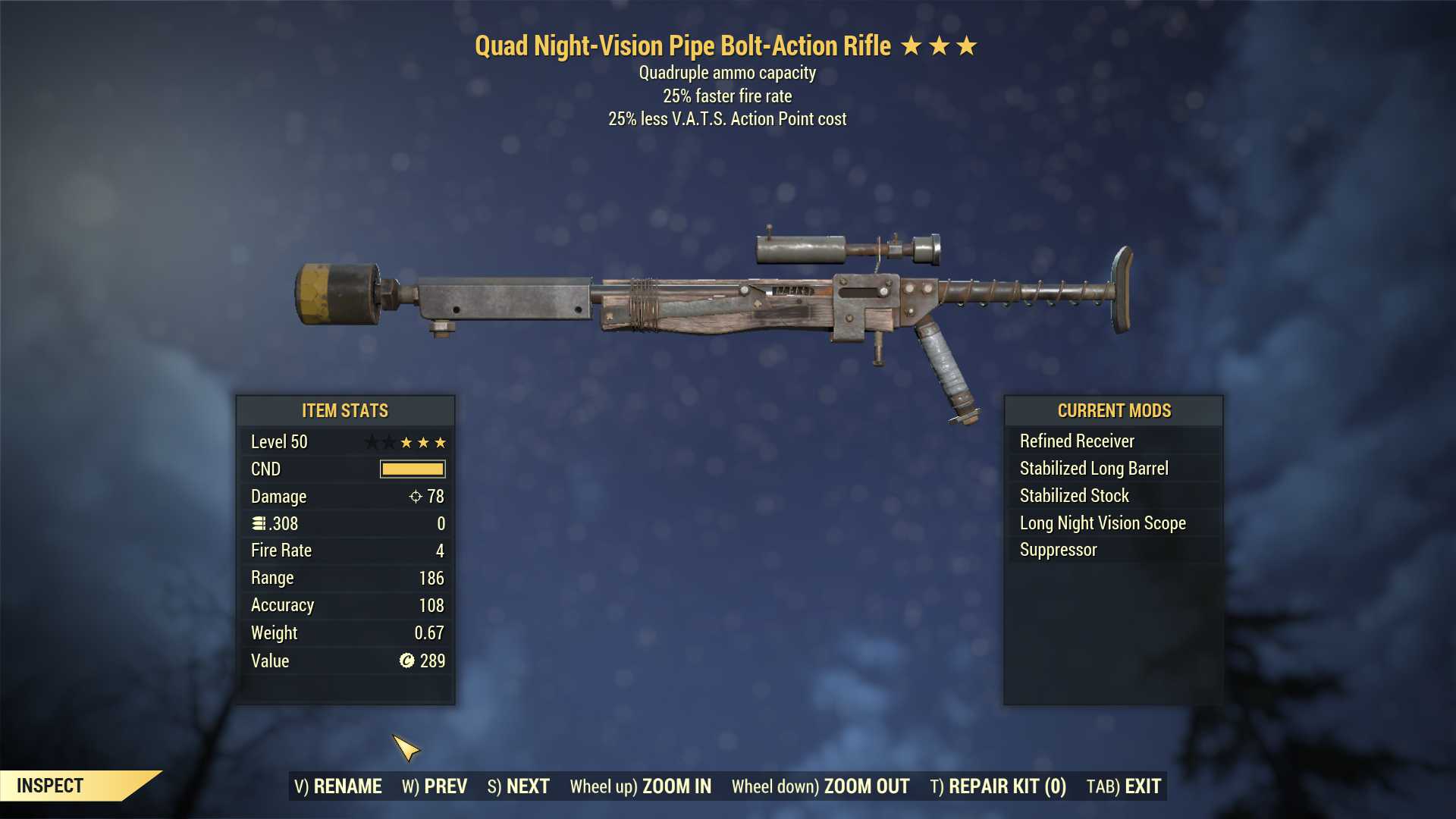 Quad Pipe Bolt-Action (25% faster fire rate, 25% less VATS AP cost)