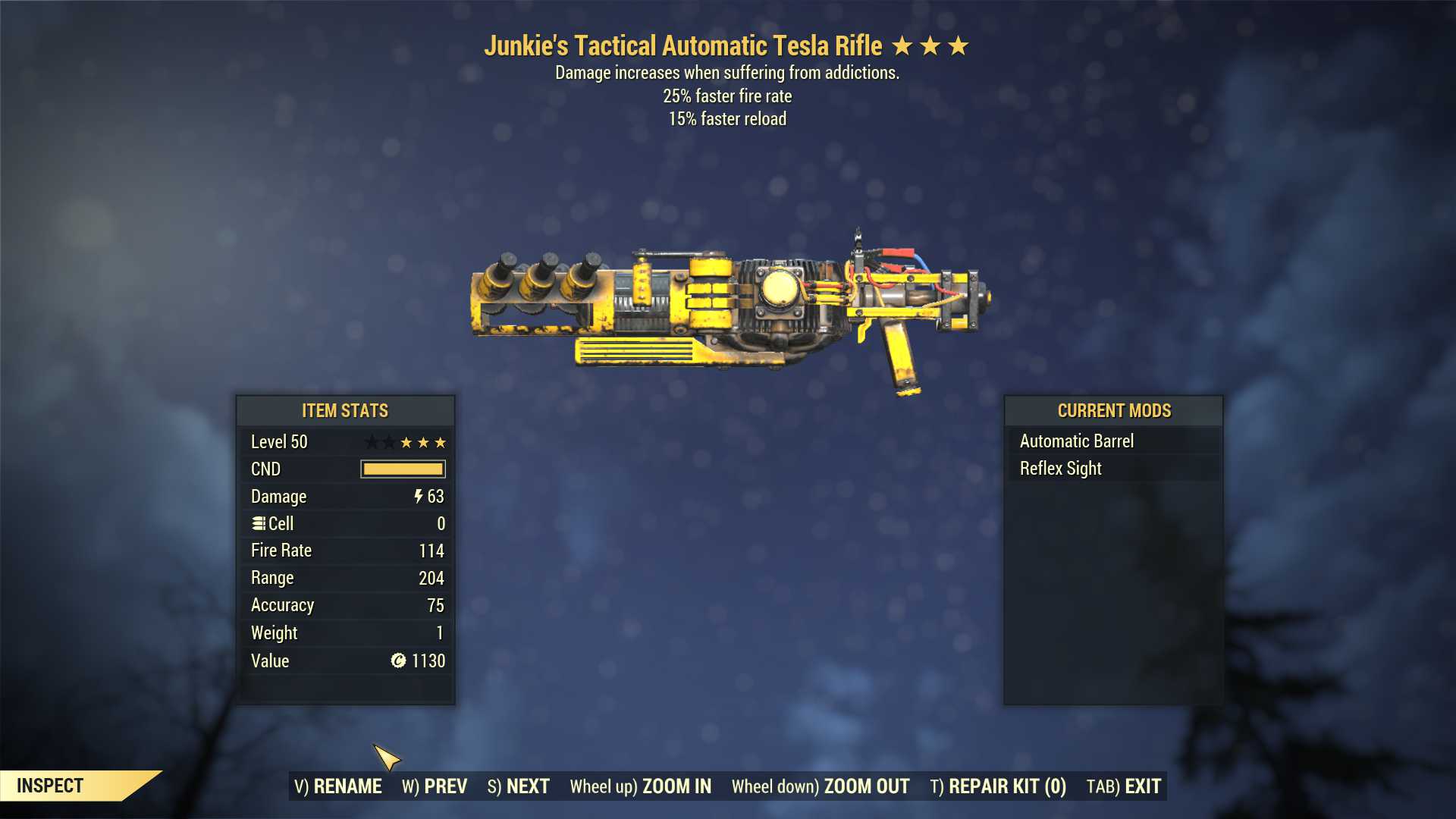 Junkie's Tesla rifle (25% faster fire rate, 15% faster reload)