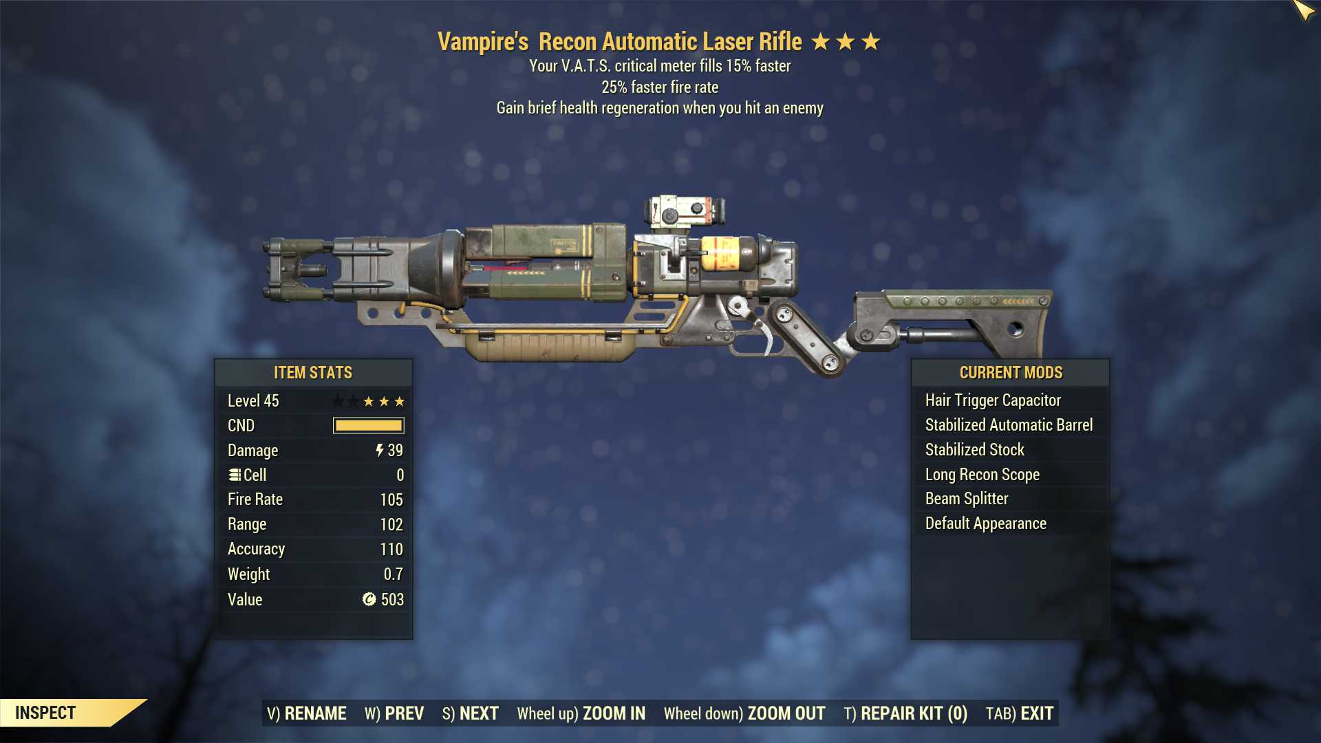 Vampire's Laser rifle (25% faster fire rate, VATS crit fills 15% faster)