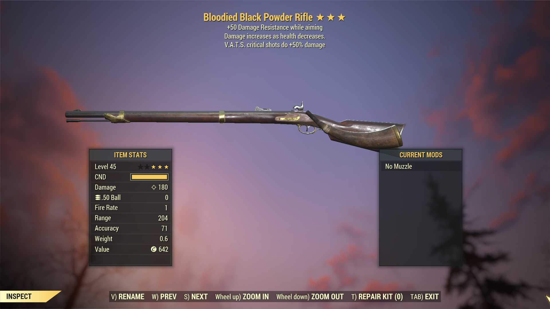 Bloodied Black Powder Rifle (+50% critical damage, +50 resist WA)