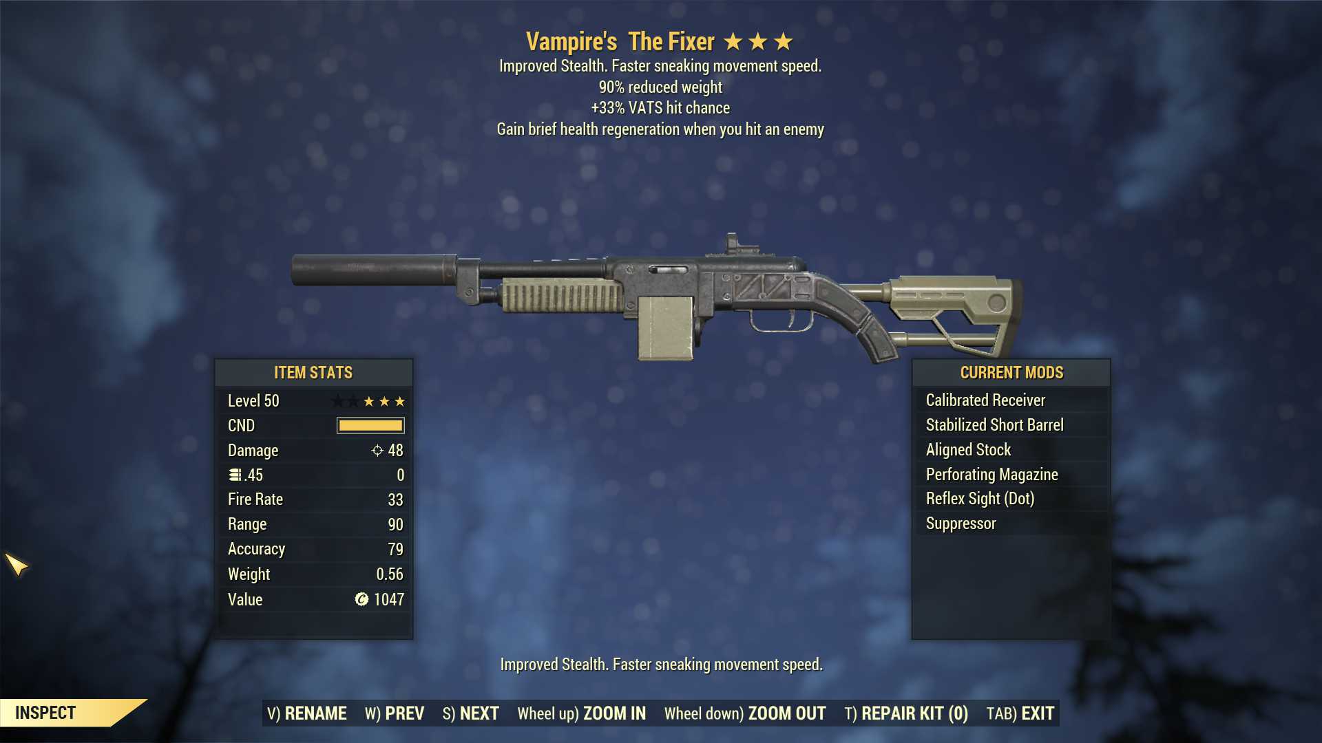 Vampire's The Fixer (+50% VATS hit chance, 90% reduced weight)