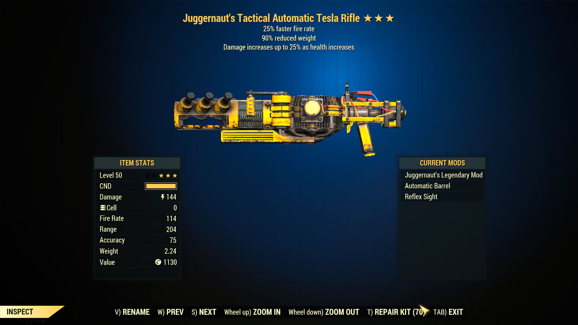 Juggernaut's Tesla Rifle (25% faster fire rate/90% reduced weight)
