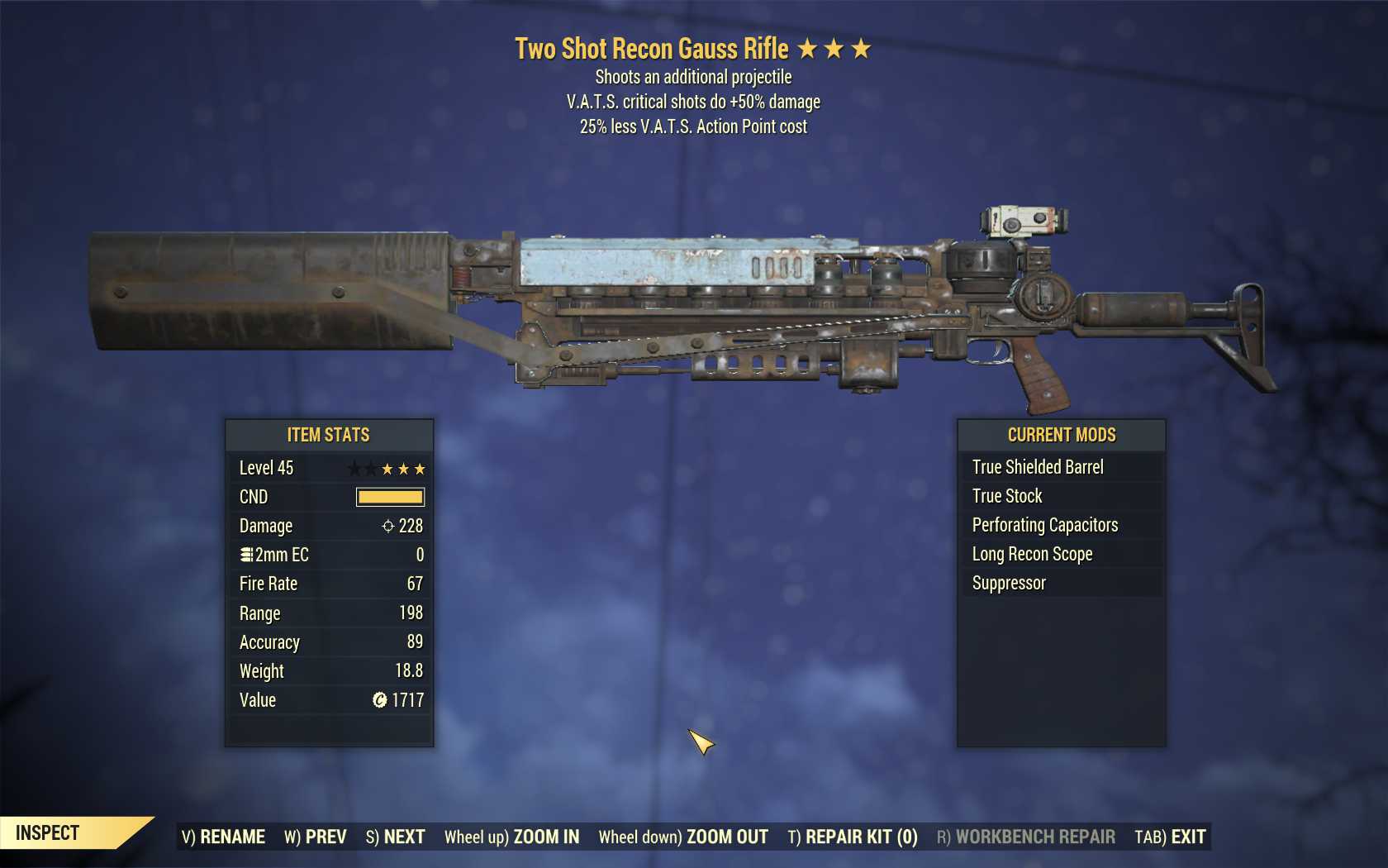 Two Shot Gauss Rifle (+50% critical damage, 25% less VATS AP cost)