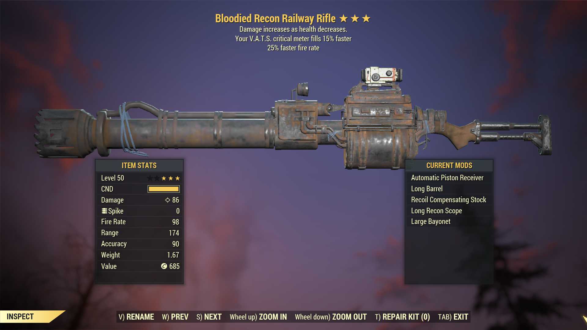 Bloodied Railway (25% faster fire rate, VATS crit fills 15% faster)
