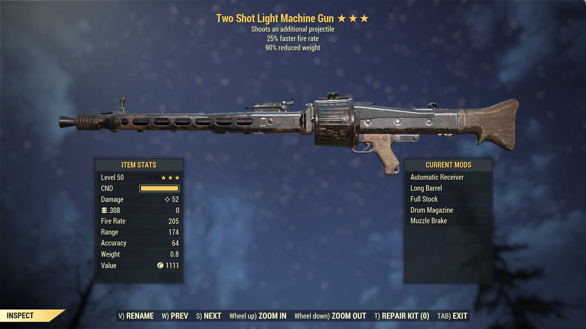Two Shot Light Machine Gun (LMG) (25% faster fire rate, 90% reduced weight)