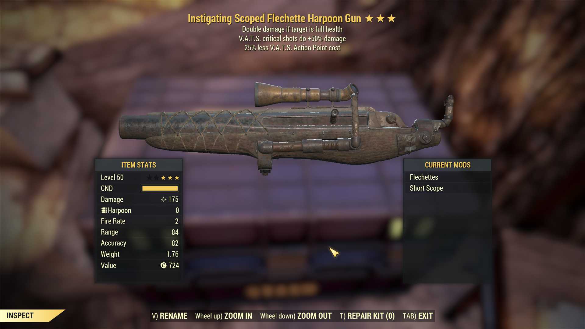 Instigating Harpoon Gun (+50% critical damage, 25% less VATS AP cost)