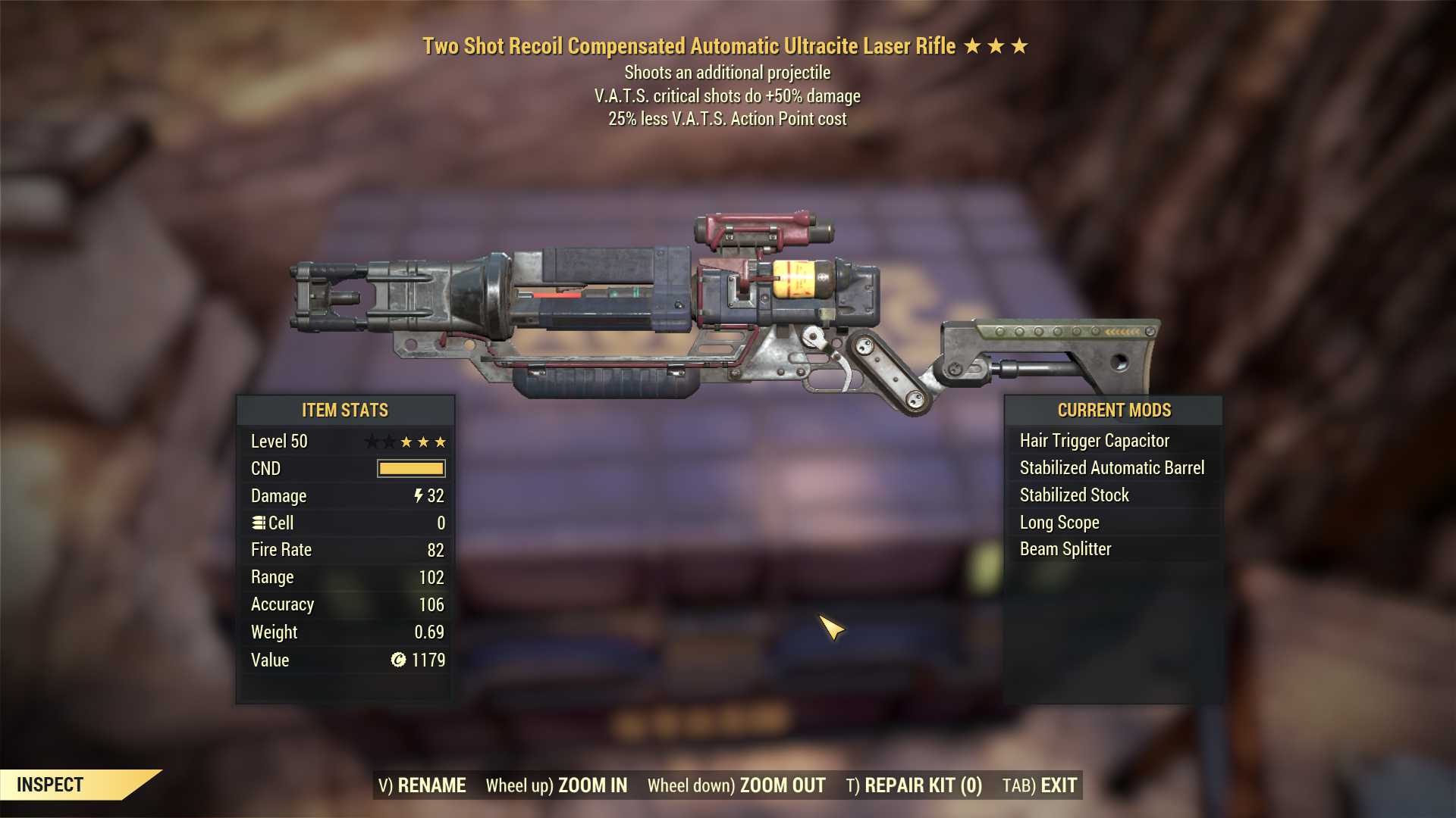 Two Shot Ultracite Laser rifle (+50% critical damage, 25% less VATS AP cost)