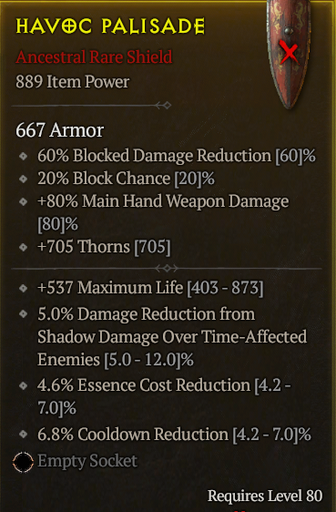ANCESTRAL NECRO SHIELD LVL 80 ESSENCE COST REDUCTION COOLDOWN REDUCTION MAX LIFE SHADOW DOT DMG REDU