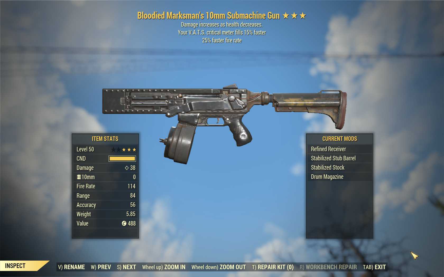 Bloodied 10mm Submachine Gun (25% faster fire rate, VATS crit fills 15% faster)