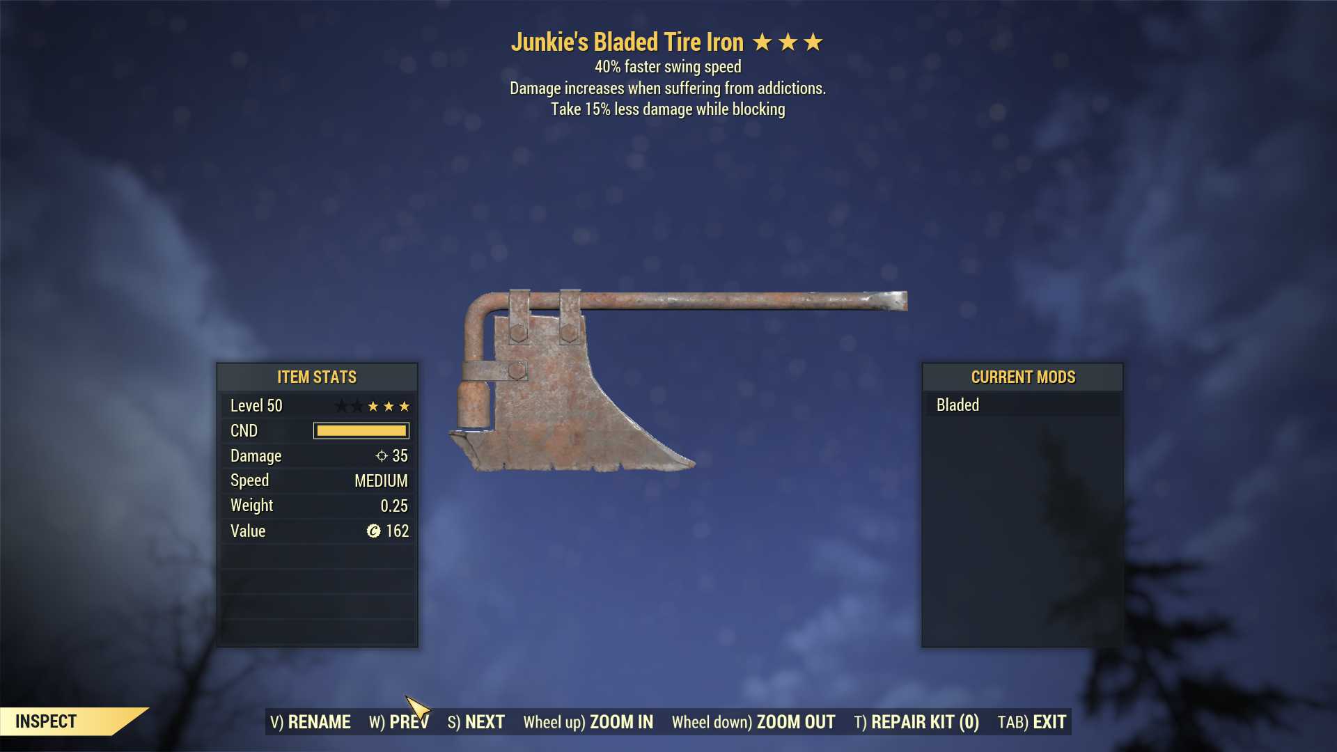 Junkie's Tire Iron (40% Faster Swing Speed, Take 15% less damage WB)