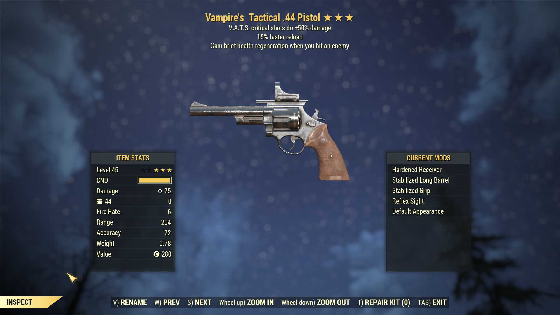 Vampire's .44 Pistol (+50% critical damage, 15% faster reload)