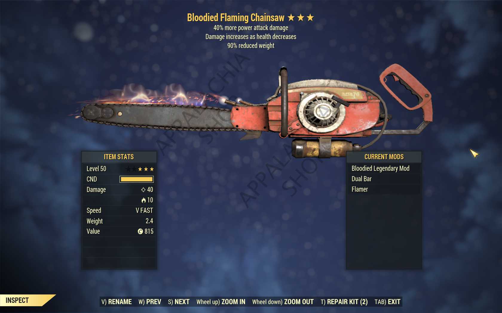 Bloodied Chainsaw (+40% damage PA, 90% reduced weight)