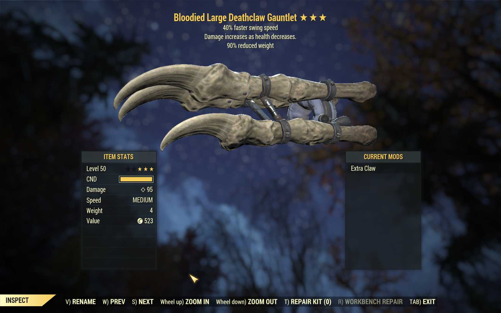 Bloodied Deathclaw Gauntlet (40% Faster Swing Speed, 90% reduced weight)