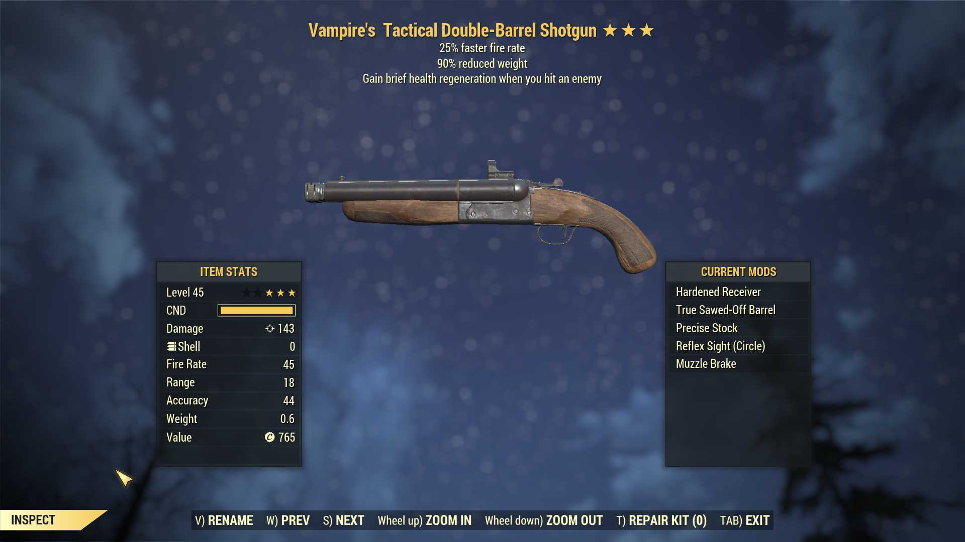 Vampire's Double-Barrel Shotgun (25% faster fire rate, 90% reduced weight)