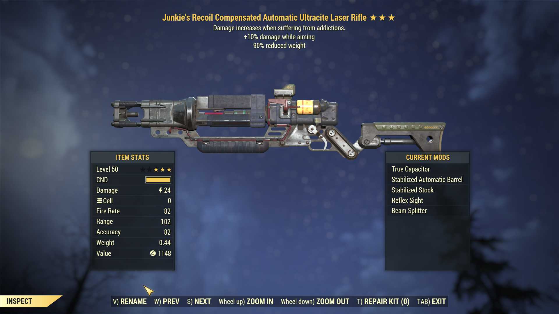 Junkie's Ultracite Laser rifle (+25% damage WA, 90% reduced weight)