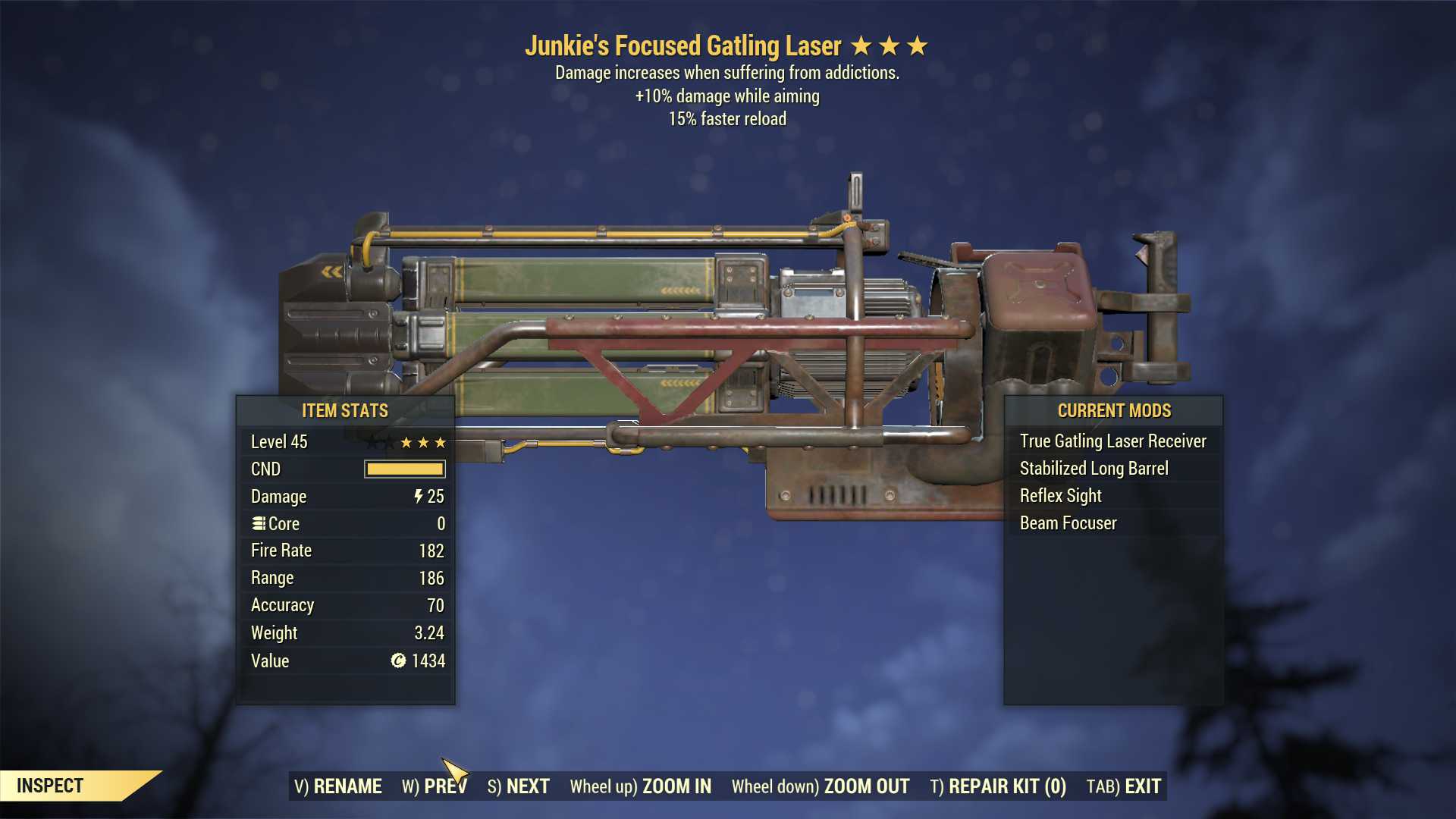 Junkie's Gatling Laser (+25% damage WA, 15% faster reload)