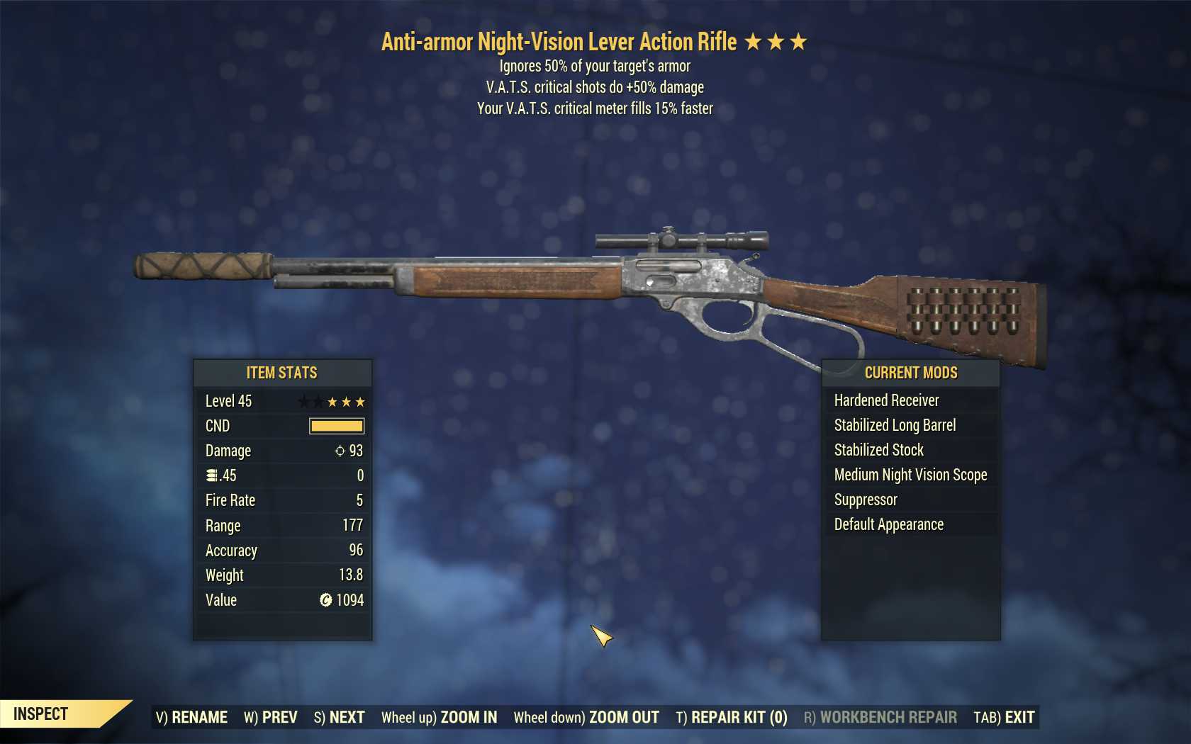 Anti-Armor Lever Action Rifle (+50% critical damage, VATS crit fills 15% faster)