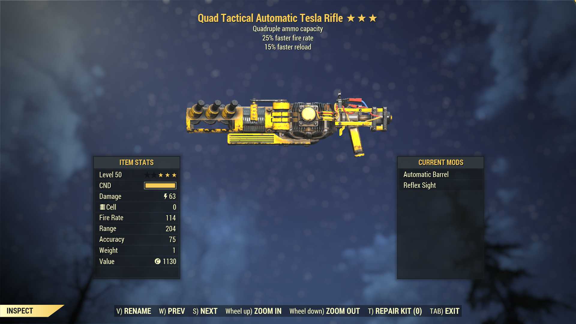 Quad Tesla rifle (25% faster fire rate, 15% faster reload)