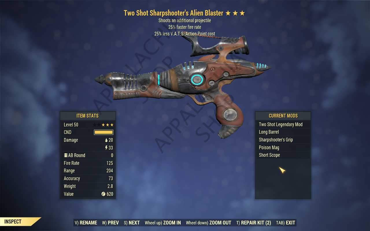 Two Shot Alien Blaster (25% faster fire rate, 25% less VATS AP cost)