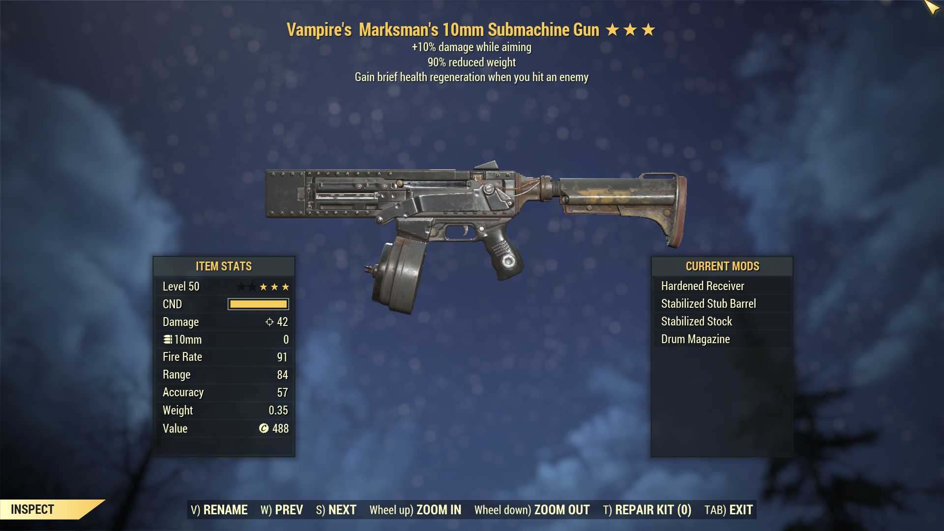 Vampire's 10mm Submachine Gun (+25% damage WA, 90% reduced weight)