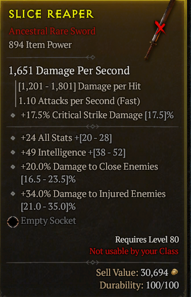 894 Sword +24 All Stats/20% Close/+49 Intelligence/34% Injured