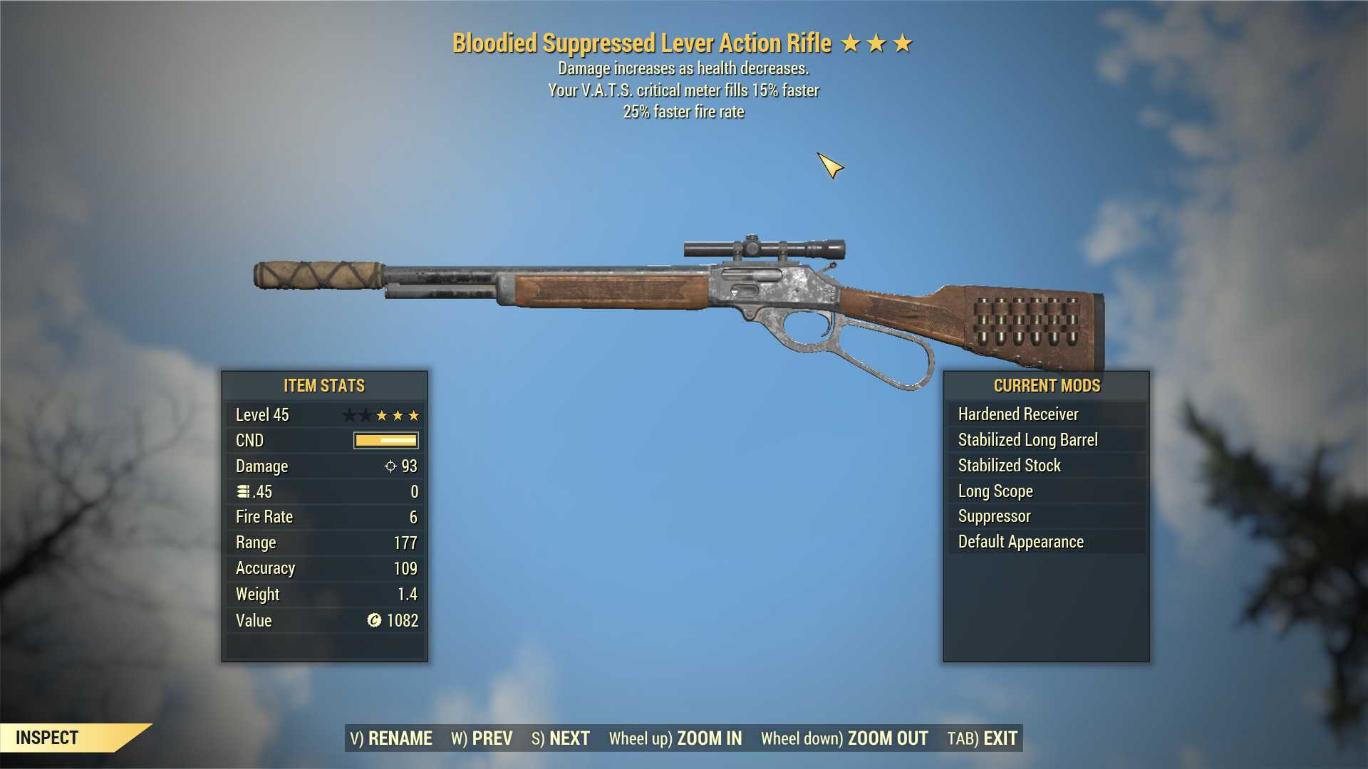 Bloodied Lever Action Rifle (25% faster fire rate, VATS crit fills 15% faster)