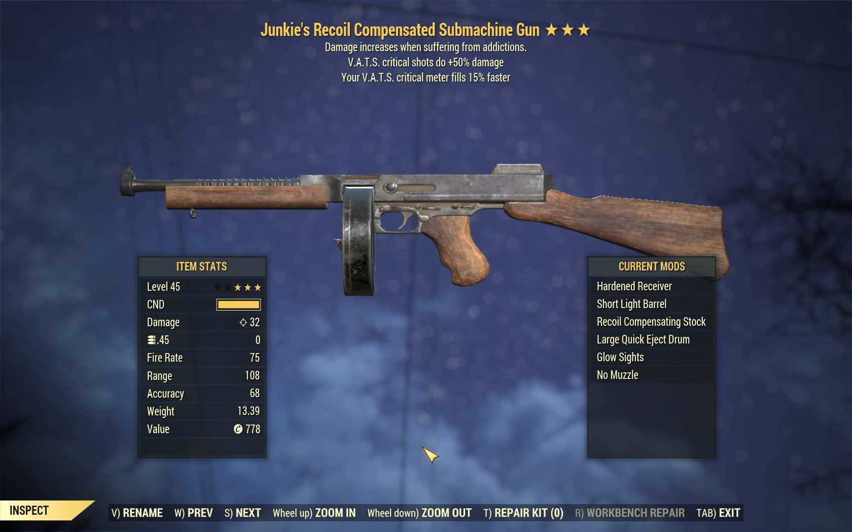 Junkie's Submachine Gun (+50% critical damage, VATS crit fills 15% faster)