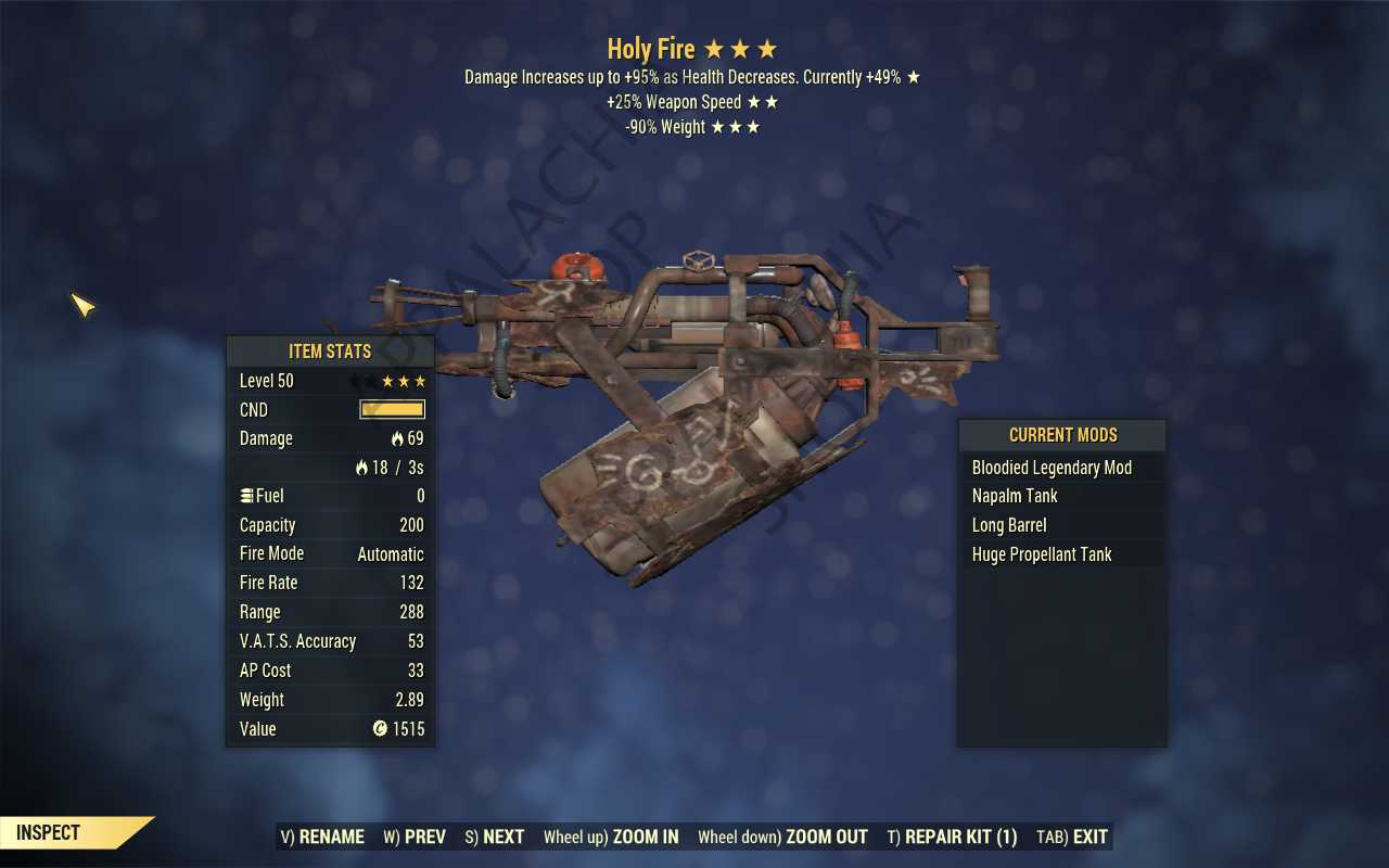 Bloodied Holy Fire (25% faster fire rate, 90% reduced weight)