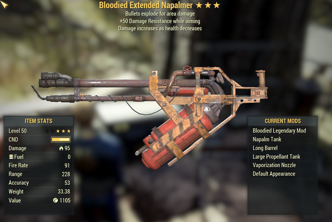 Bloodied Flamer (Explosive, +50 Damage Resist)[Legacy]